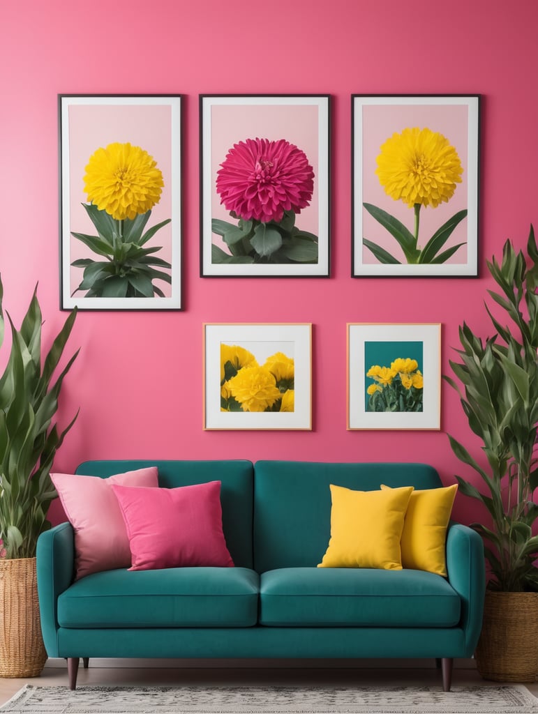 Mockup for two frames of 24x36 in. posters, hanging on a wall painted dark teal color, in a french modern country style livingroom, hot pink sofa and yellow pillows, many plants and flowers, bright livingroom