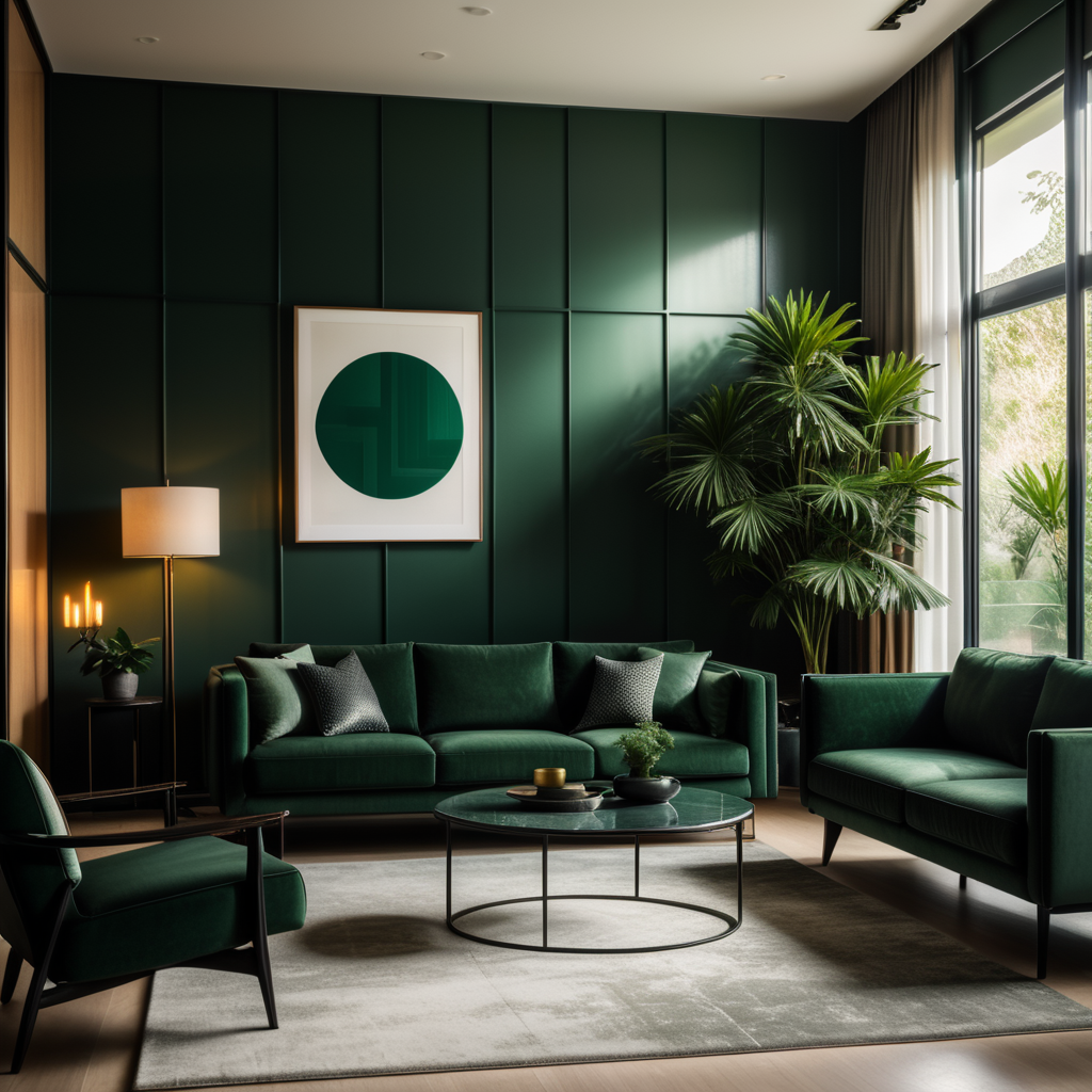 Interior design of a living room, bauhaus style, dark green.