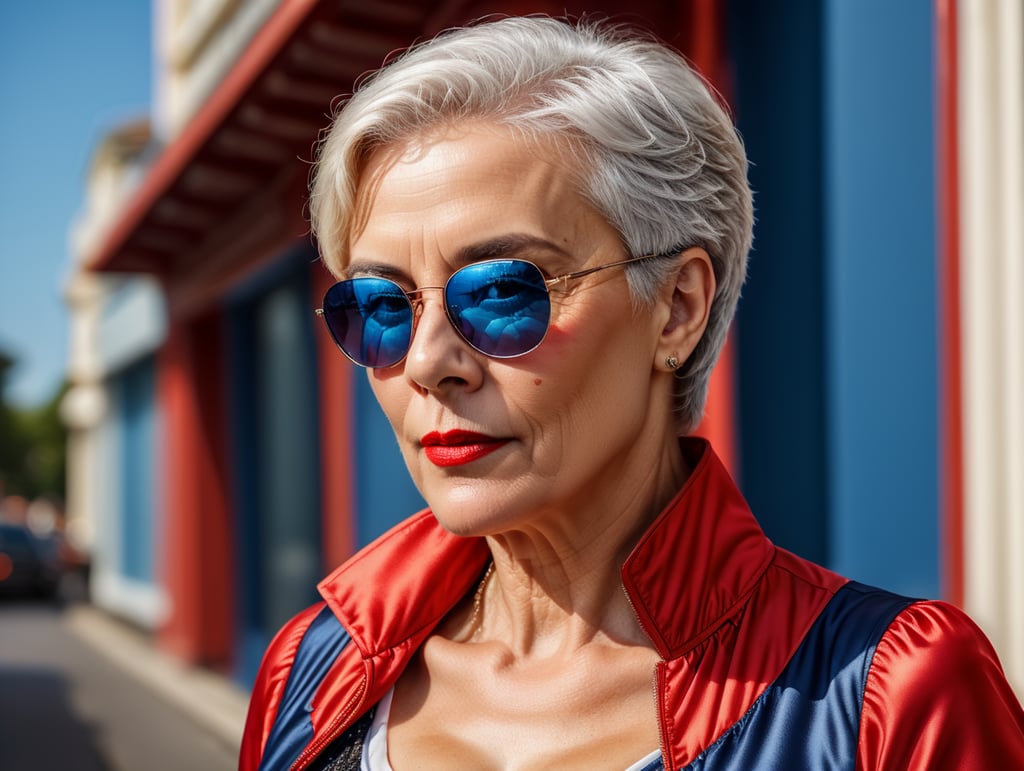 A portrait of a beautiful English older woman with white platinum short hair and big sunglasses, dressed all red, blue background, big cleavage, glamorous London portrait, highly realistic, women designer, very fashionable, colourful