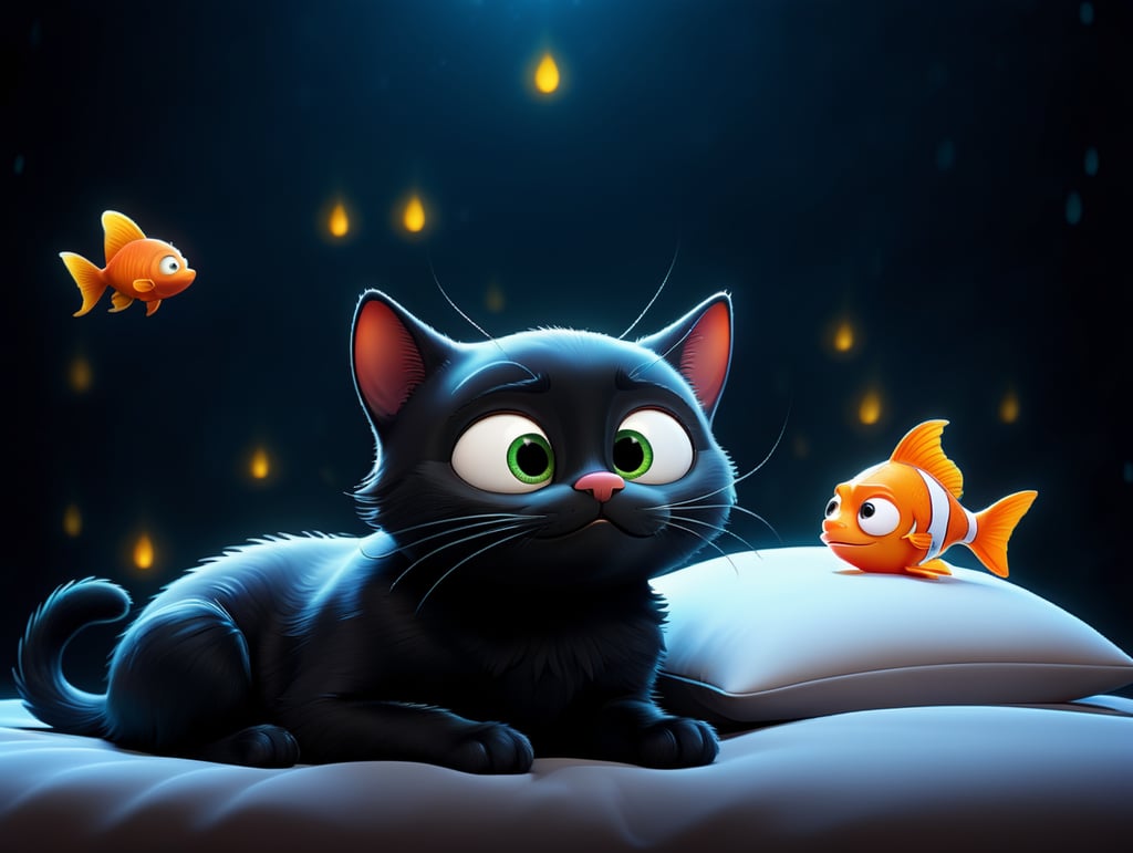 black cat sleeps and sees a shining goldfish in his dream dark background cartoon style