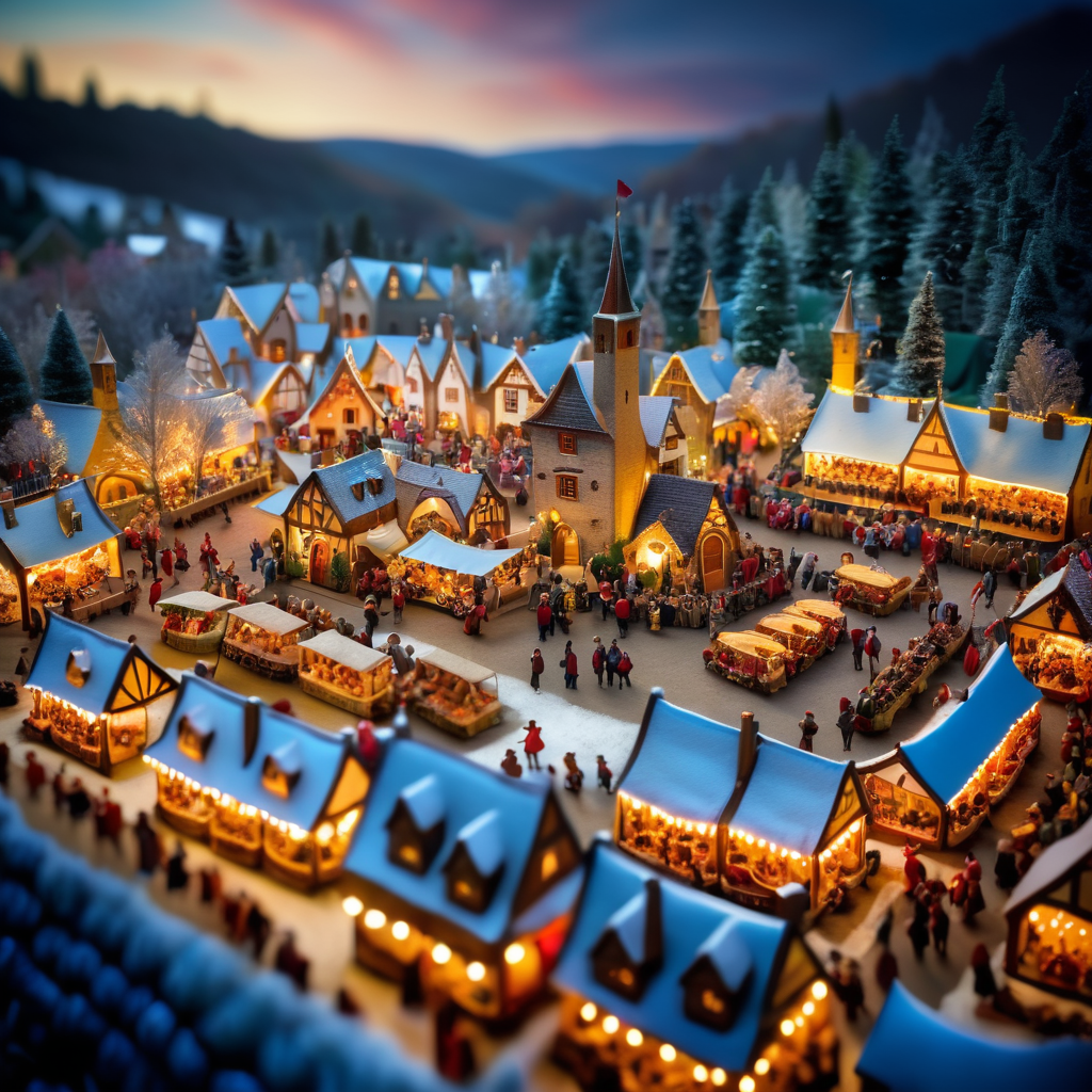 A medieval-inspired creative concept is depicted in a tilt-shift photograph capturing the joyful ambiance of a village fete and fair