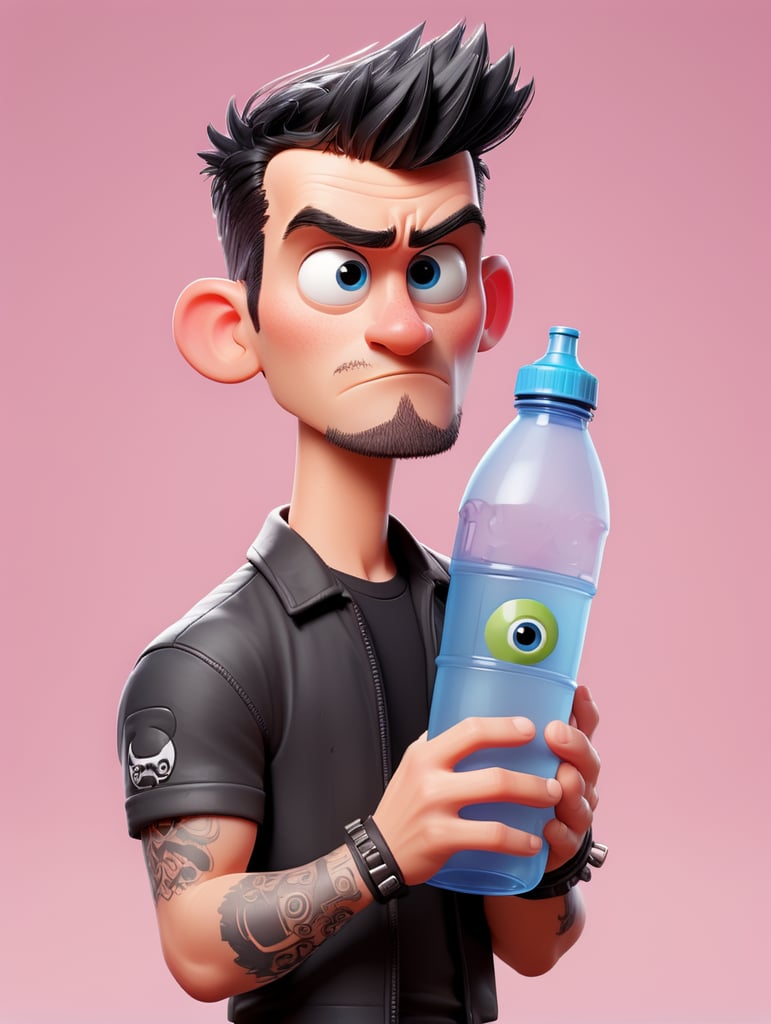 a punk designer holds in his hand a water bottle, isolated, light pink background