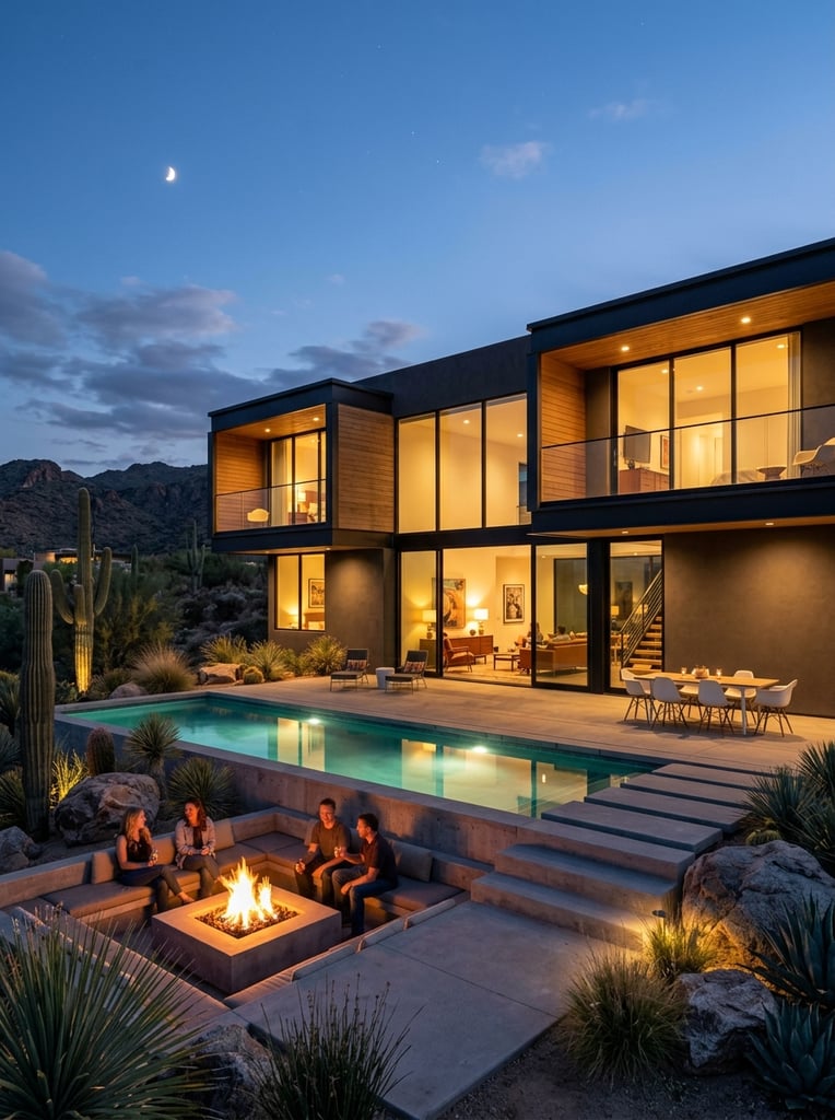 Modern two-story house at dusk, floor-to-ceiling glass windows glowing with warm interior light, illuminated rectangular swimming pool, concrete patio with sunken fire pit, desert landscaping with saguaro cacti and boulders, twilight blue sky with crescent moon, architectural photography, cool exterior and warm interior contrast