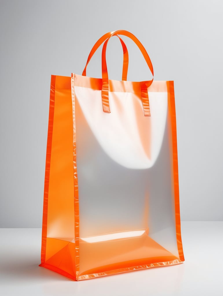 Inflatable vibrant orange minimalist shopping bag, transparent, isolated, grey background, mockup