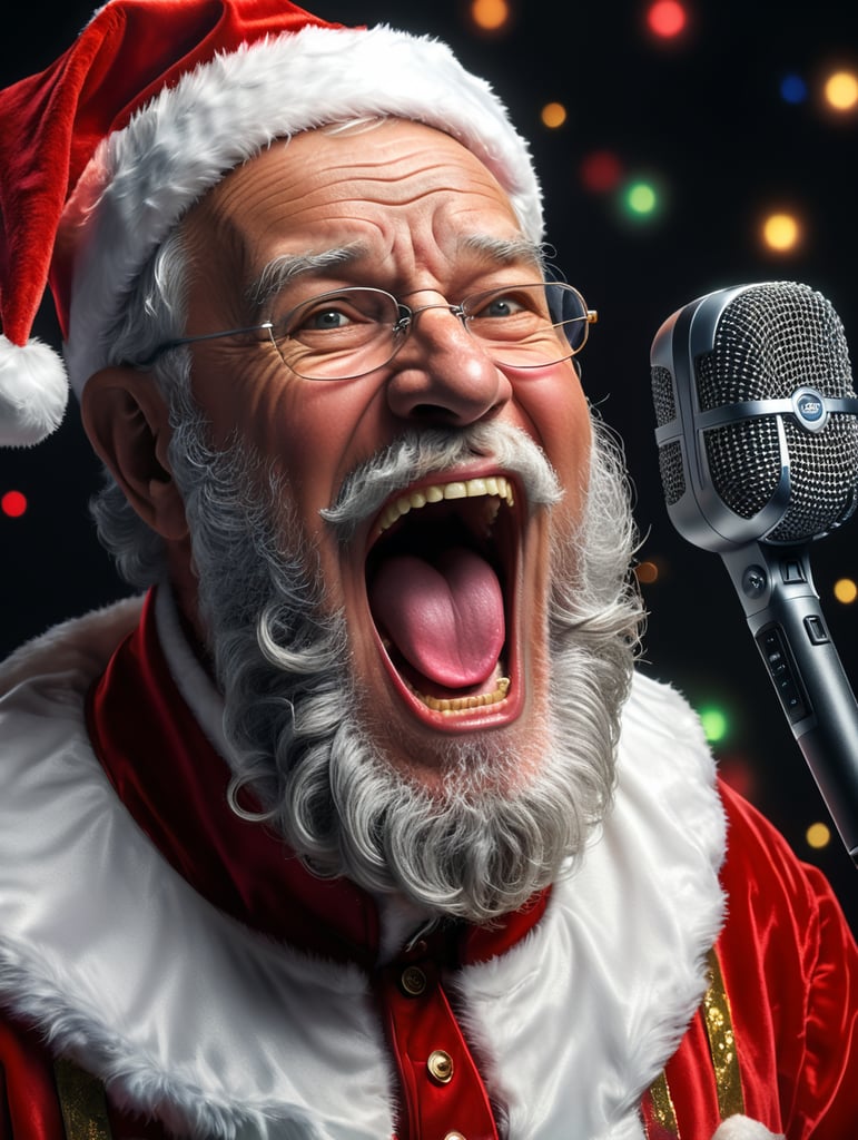 Photo of grandpa grey beard hold mic open mouth scream sing song karaoke wear santa claus x-mas costume