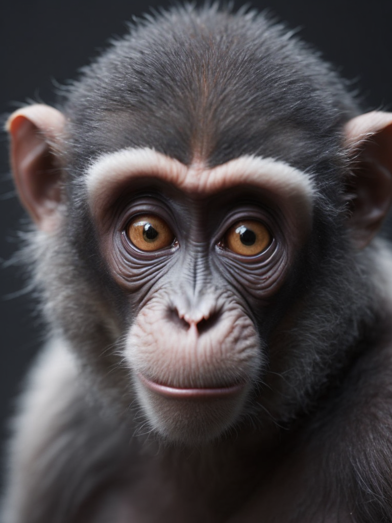 Monkey with red eyes, dark style, focus on face, sharp on details, black background