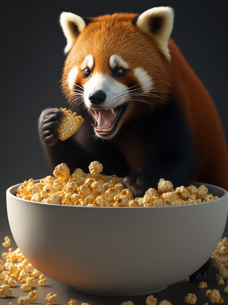 red panda eating a big bowl of movie popcorn