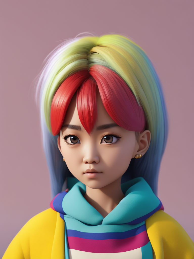 Cute 3d character, korean fashion, colorful hair, blender render, y2k, art toy, creative