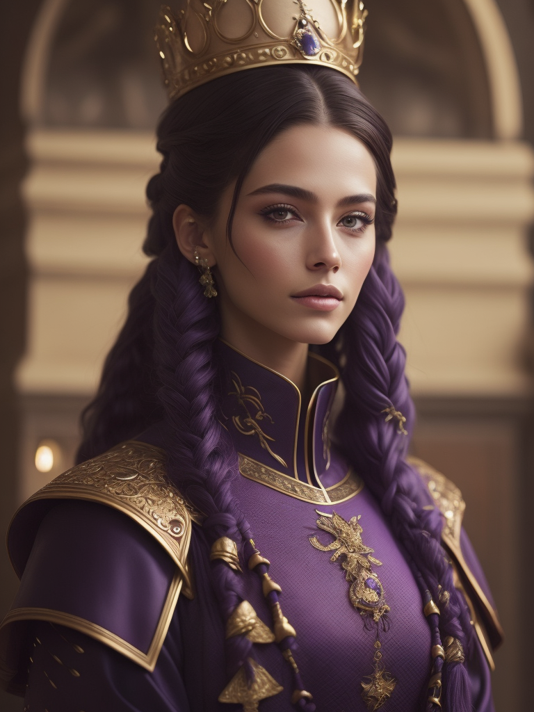 Portrait of a young queen with long wine color braided hair, royal guard purple outfit, elegant, highly detailed, digital painting, artstation, concept art, smooth, illustration, oval face, art by helena nikulina