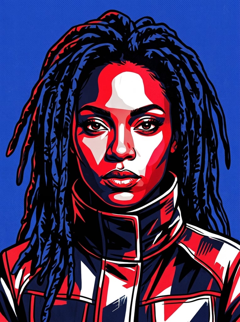 Pop-art digital portrait of a dreadlocked woman in a high-collared jacket. Her face is rendered with stark high-contrast flat color blocks of vibrant red, deep black, and white against a solid cobalt blue background with an intense forward gaze.