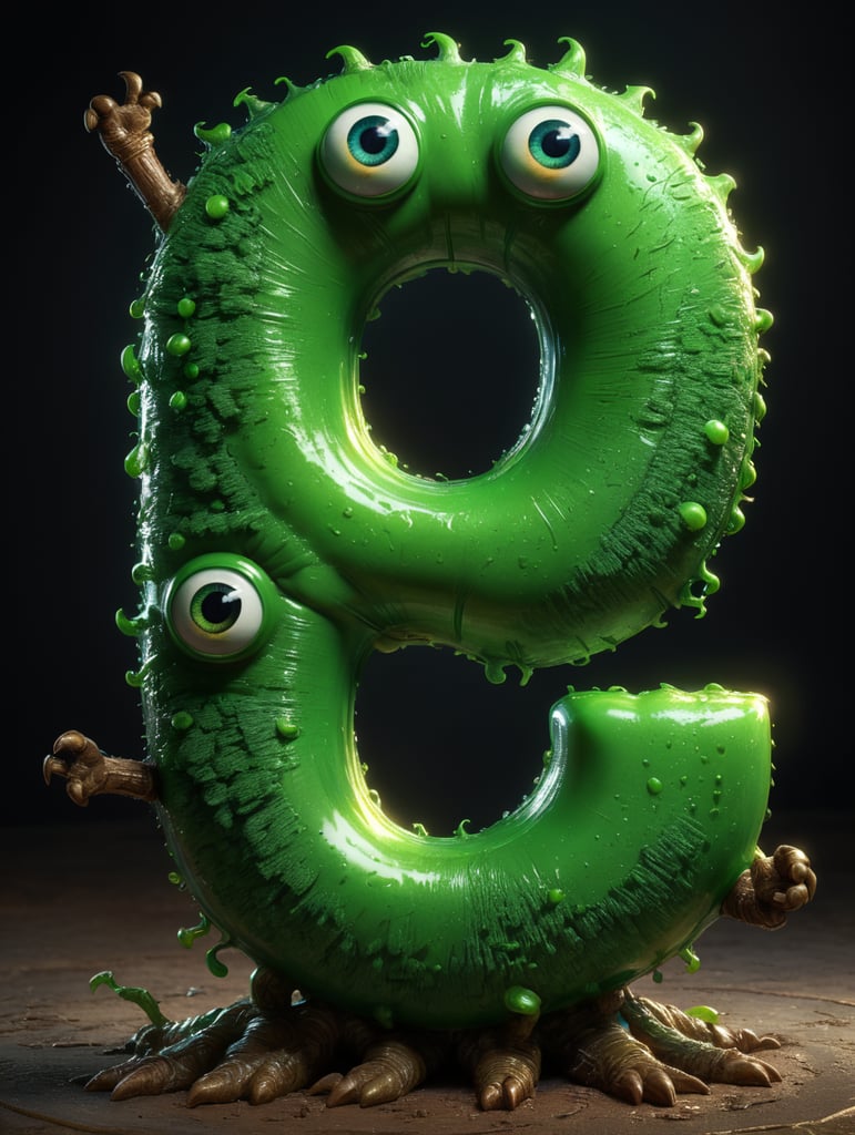 Letra C verde com olhos braços e perna estilo uma gosma de doce estilo Disney pixar