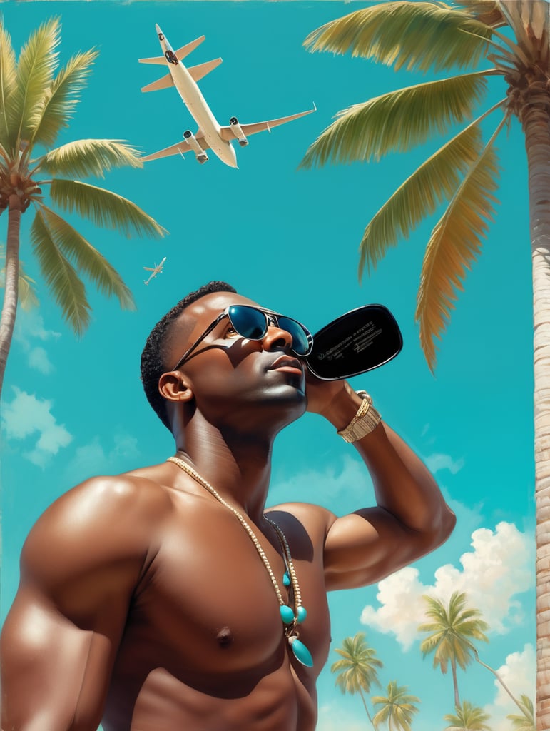 Pin up art, portrait, a black man raised his head up, looks at the sky, sunglasses, one airplane flies in a clear sky and leaves a mark, summer, palms around, palms reflected on a sunglasses, turquoise shades, style by Gil Elvgren