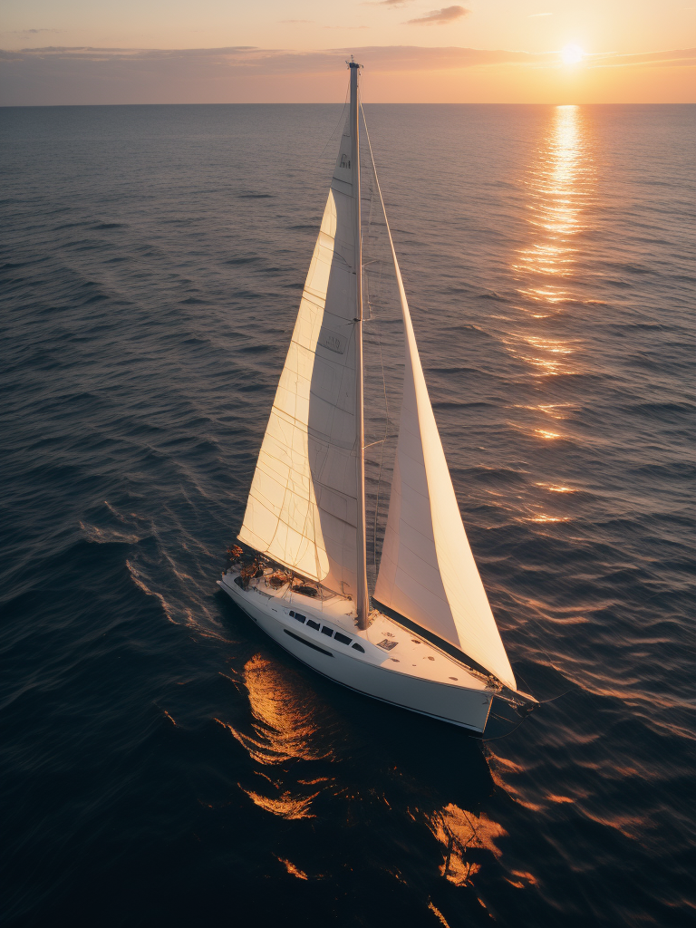 A white sailboat in the sea, sunset, photorealistic, high detail, landscape, contrast light, Bright and saturated colors