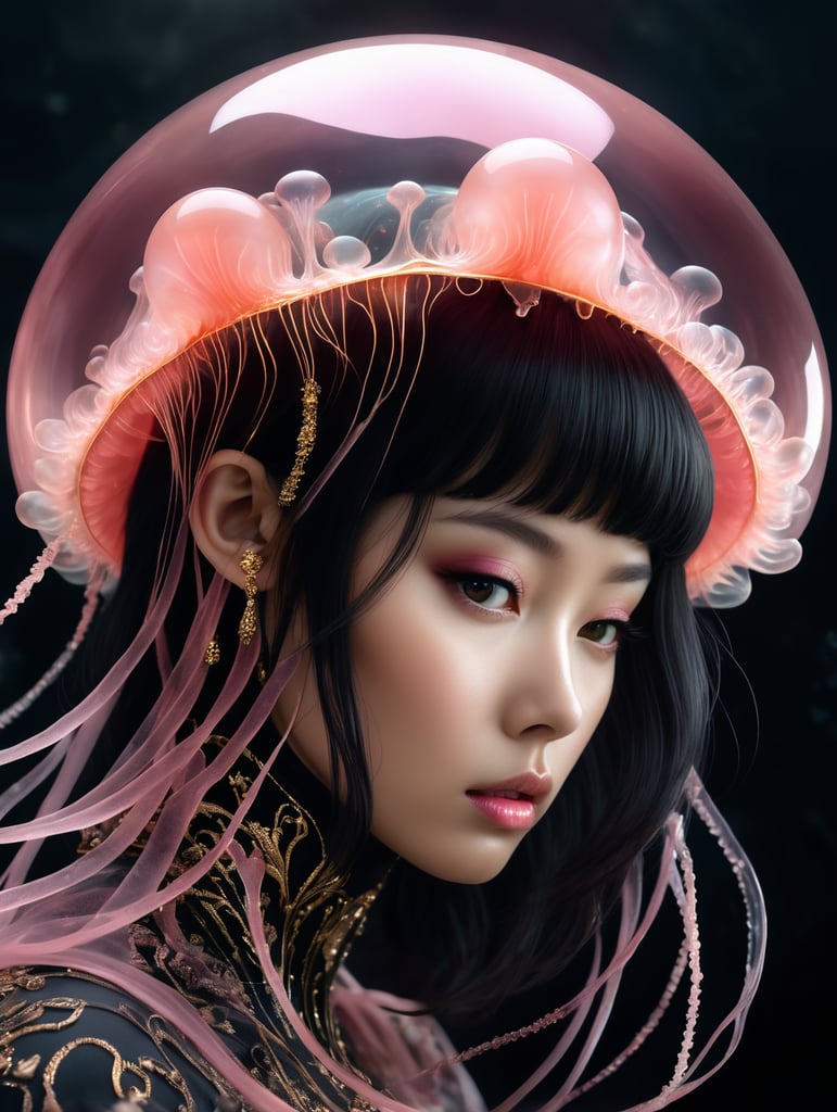 photo RAW, (Black and pink : a ghostly jellyfish, shiny aura, highly detailed, gold filigree, intricate motifs, organic tracery, by Android jones, Januz Miralles, Hikari Shimoda, glowing stardust by W. Zelmer, perfect composition, smooth, sharp focus, sparkling particles, lively coral reef background Realistic, realism, hd, 35mm photograph, 8k), masterpiece, award winning photography, natural light, perfect composition, high detail, hyper realistic
