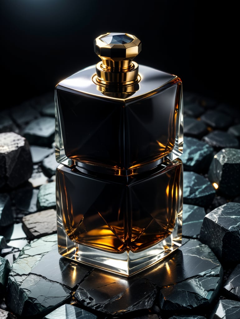 professional photography of a luxury perfume, square chrome bottle, faceted black stone in the form of a cap, in the space, no label, clear, mockup