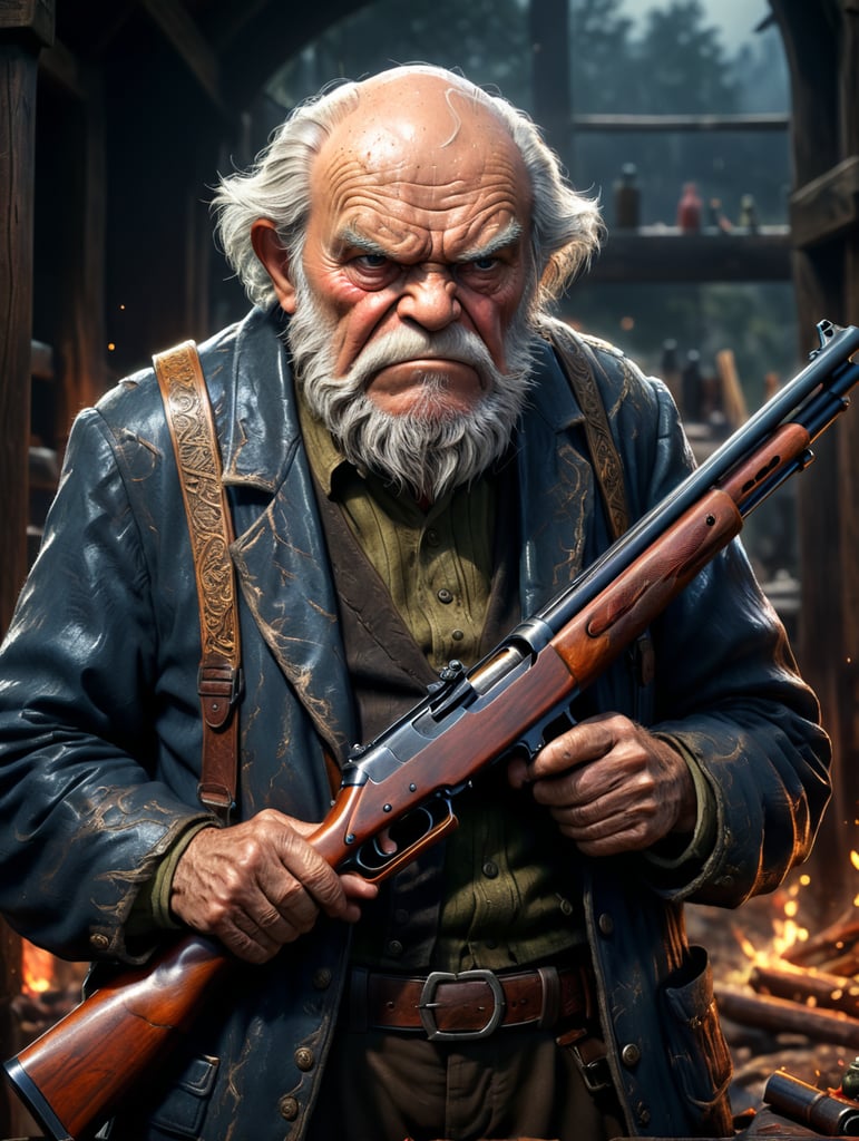 Make the old grumpy man with a shotgun in anime style