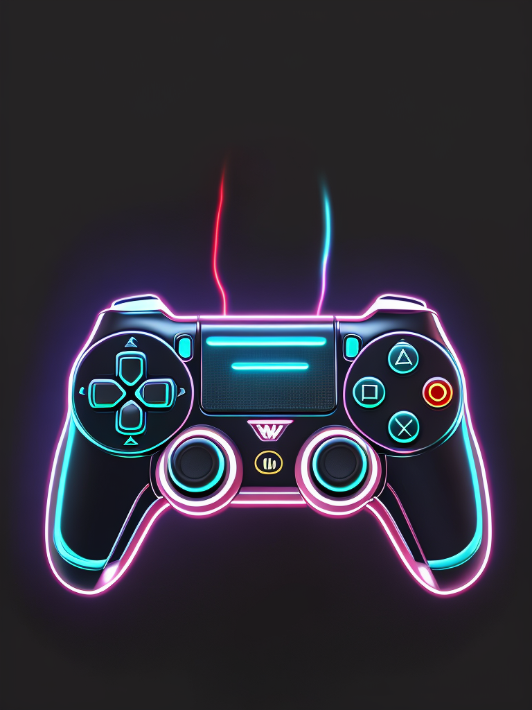 Design a futuristic, neon-colored gaming controller in the style of a playstation controller, glowing neon, semitransparent, deep vibrant colors, high details