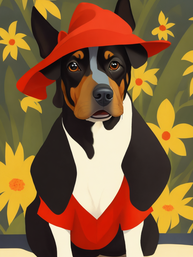 a dog, wearing a hat, Illustration, Disney, USA, style of Mary Blair