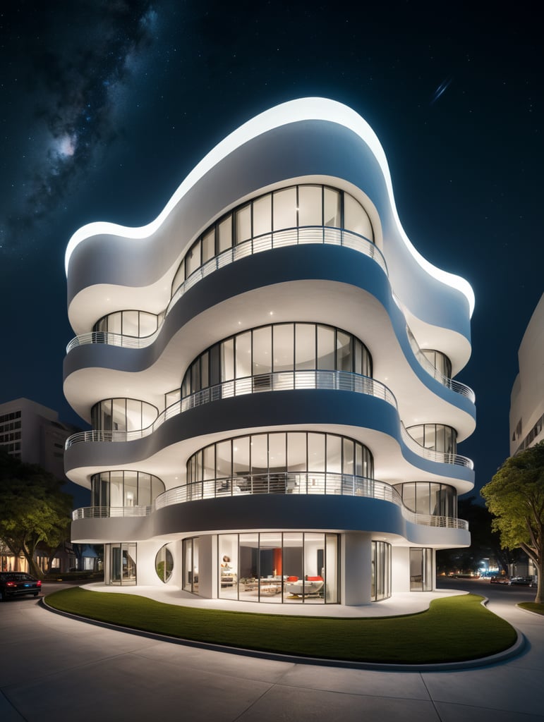 at night, white building with curved shapes in front, in the style of the stars art group (xing xing), women designers, eclectic curatorial style, sculptural costumes, concrete, urban influences, flowing fabrics