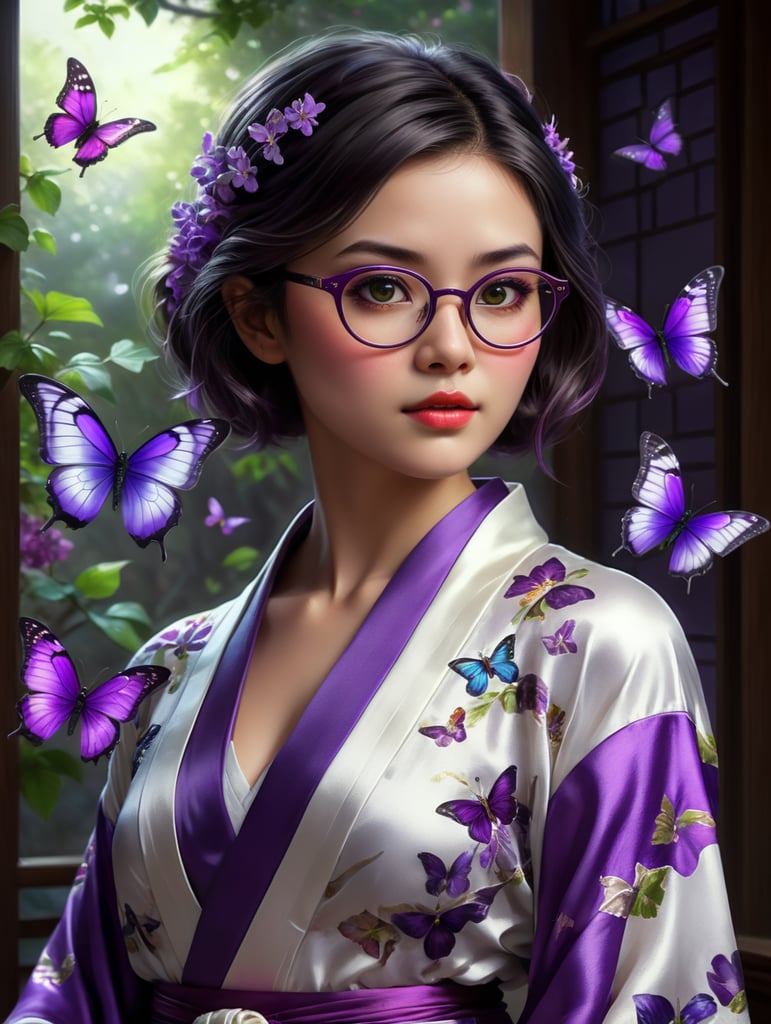 Create a Pixar animation style image of a girl with short dark hair, dark eyes and glasses, her skin is white, she wears a purple and white kimono with purple butterflies