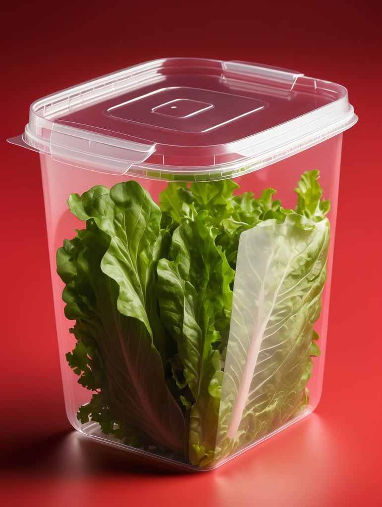 blank Transparent Plastic Container with lettuce Salad, isolated, red background, Mockup, mock up