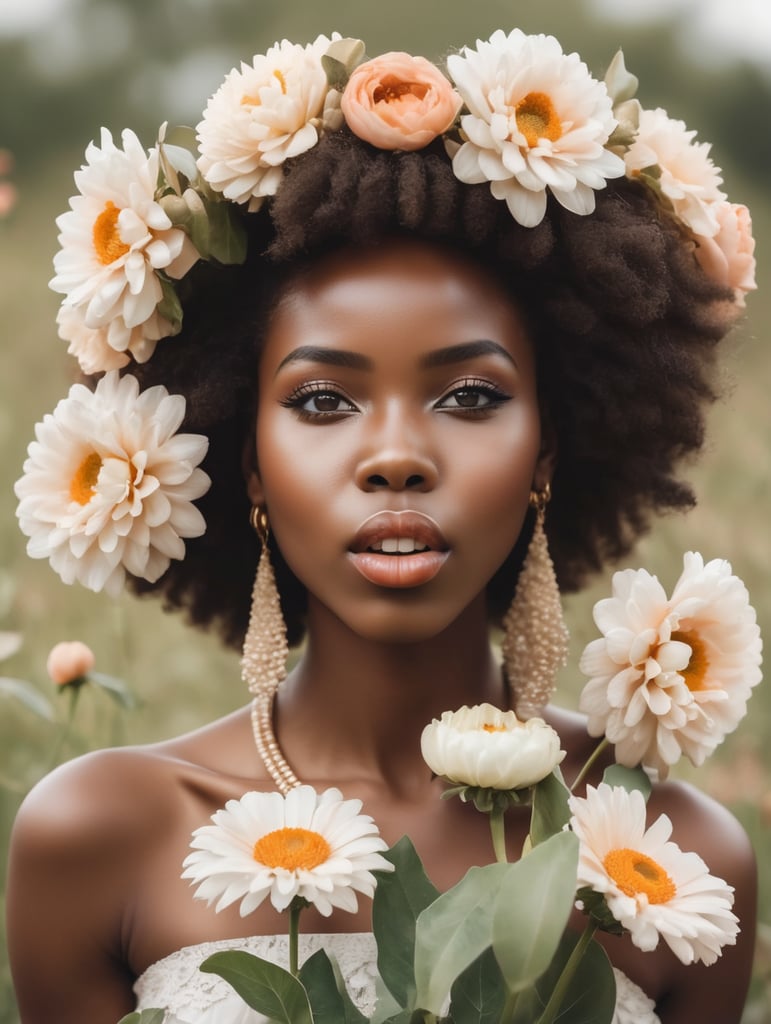 Beautiful African girls holding flowers in her mouth