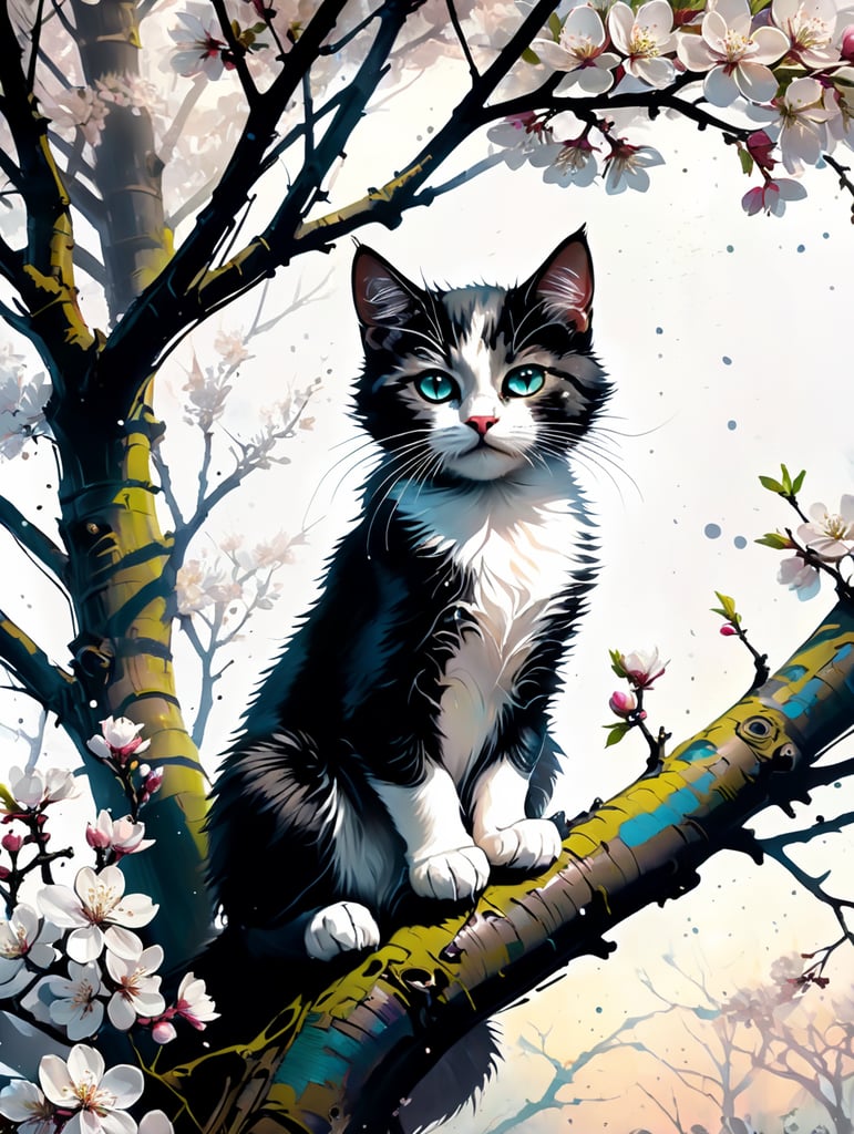 Close view of Apple tree covered in white blossom in springtime with early morning sun and dew. Black and white kitten sitting in the branches surrounded by the blossom.