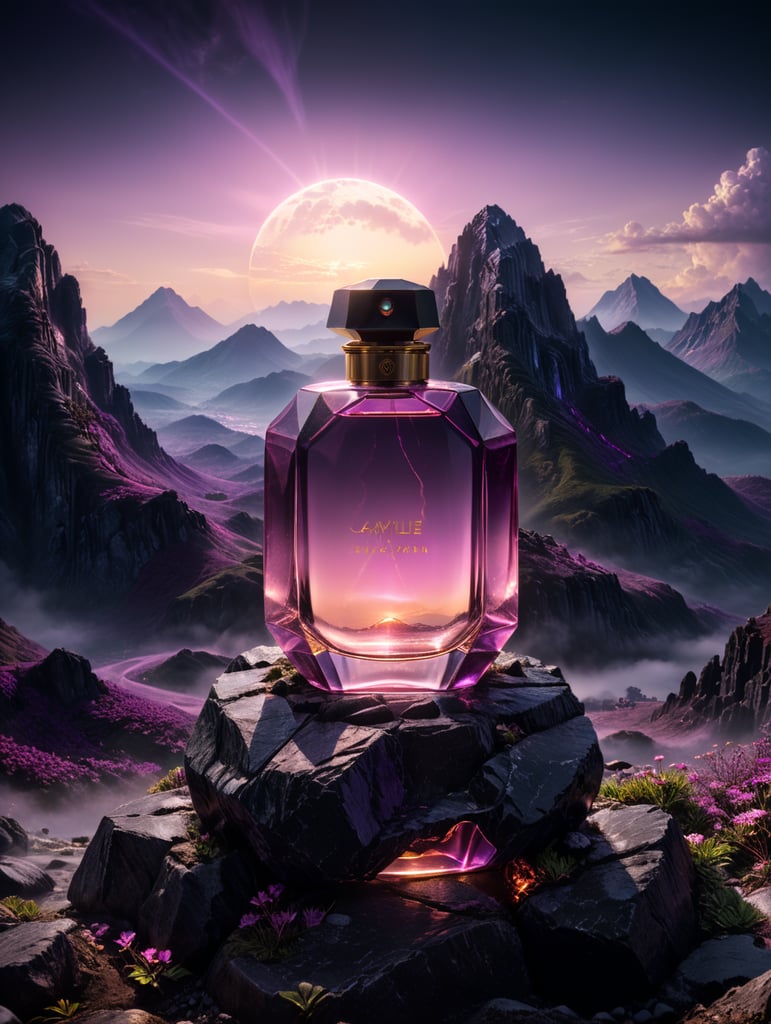 professional photography of a luxury perfume, retrowave landscape, purple neon lights, sun, mountain in the middle, fantasy world look, high dynamic range color, strong highlight, volumetric light, no label, clear, mockup