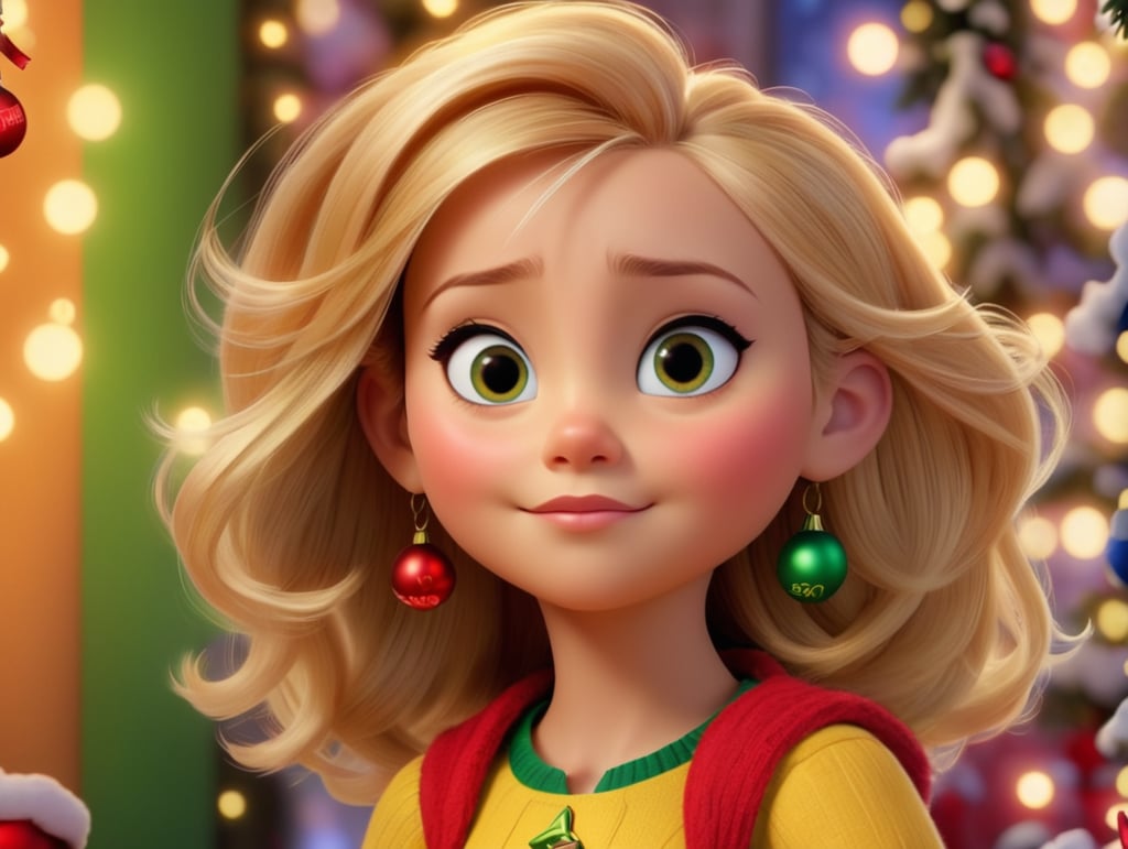 A Disney Pixar inspired movie poster with the title "Norah and Potato" in the image create a girl child with straight blond hair, blue eyes. she is holding an elf on the shelf. Christmas lights in the background. The scene should be in the distinct digital art style of Pixar, with a focus on character expressions, vibrant colors, and detailed textures that are characteristic of their animations.
