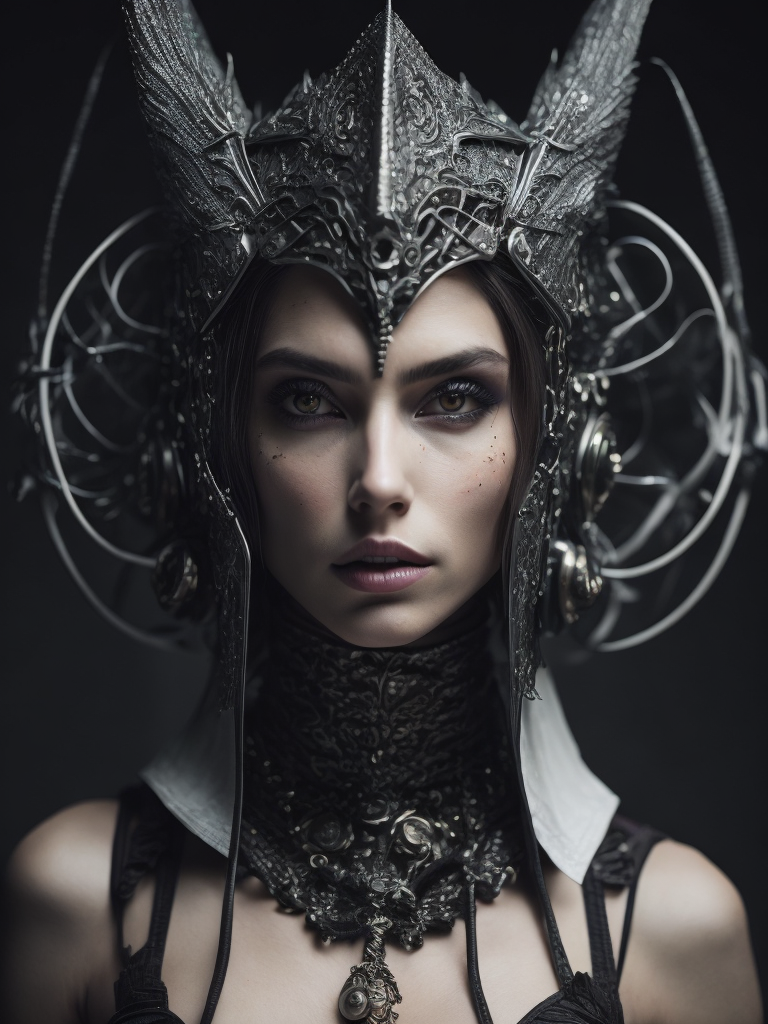 A witch with robotic implants on face and body very intricate sharp focus, dark art, dramatic lighting, style image hr giger, darkness ratio, fire background, fairytale and high fantasy, pretty face, mystical, mythical, magic, fantasy, perfect hands, perfect eyes, esoteric, mystical, cg, best quality masterpiece, dslr with a 200mm lens, greg rutkowski, 45 degrees, --s100, ultra realism, realistic photograph, hyperdetailed, very sharp, sharp focus, realistic details, professional, directed by ridley scott