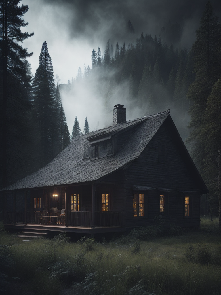 Cabin in the woods with forest ire in the background and smoke