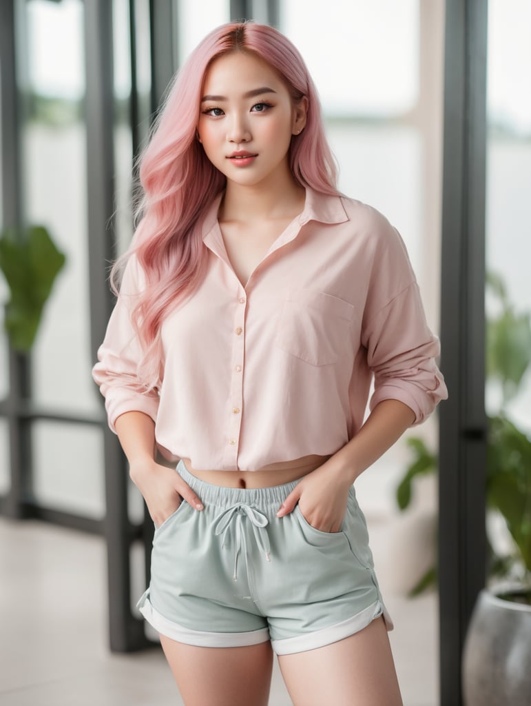 (full body portrait:1.3),dynamic pose,1girl,asian,pale skin,long pink hair,delicate face,heterochromia eyes,freckles,(oversized clothes:1.3,gym shorts:1.3),(thigh gap:1.3,thighs:1.3,one hip up:1.3,barefoot:1.3),white background,(best quality:1.2,ultra-detailed,realistic:1.37),soft colors,polished lighting