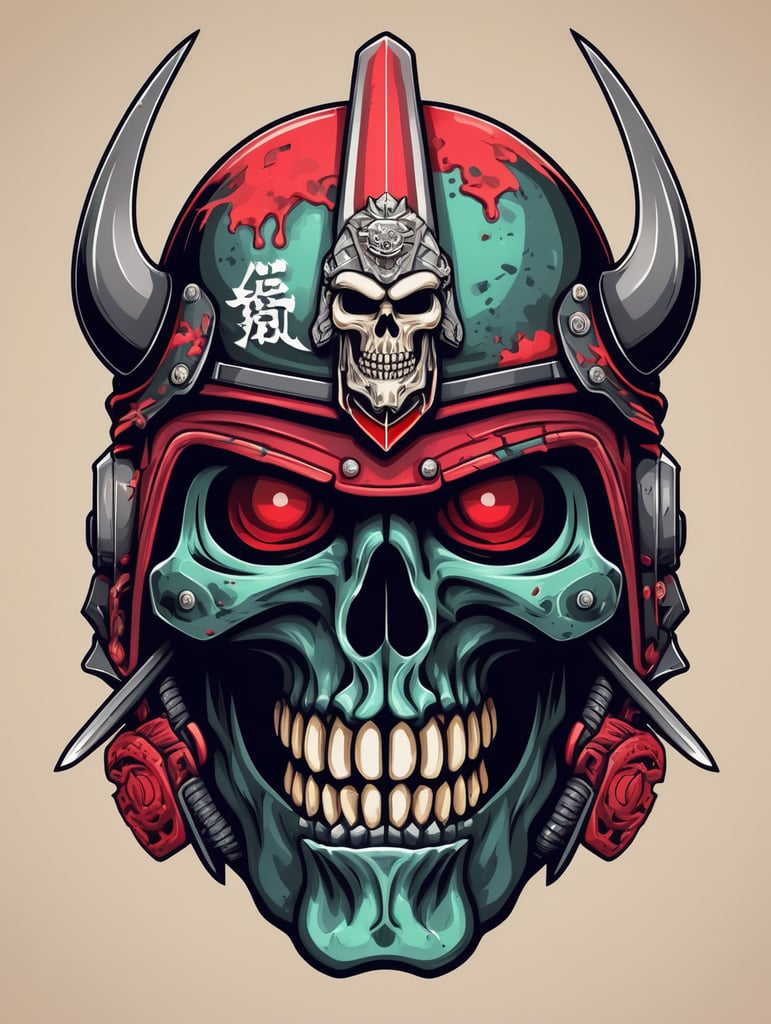 Zombie Skull with Japanese samurai helmet, mascot logo, e-gaming, bright colors, Gaming Logo, vector image