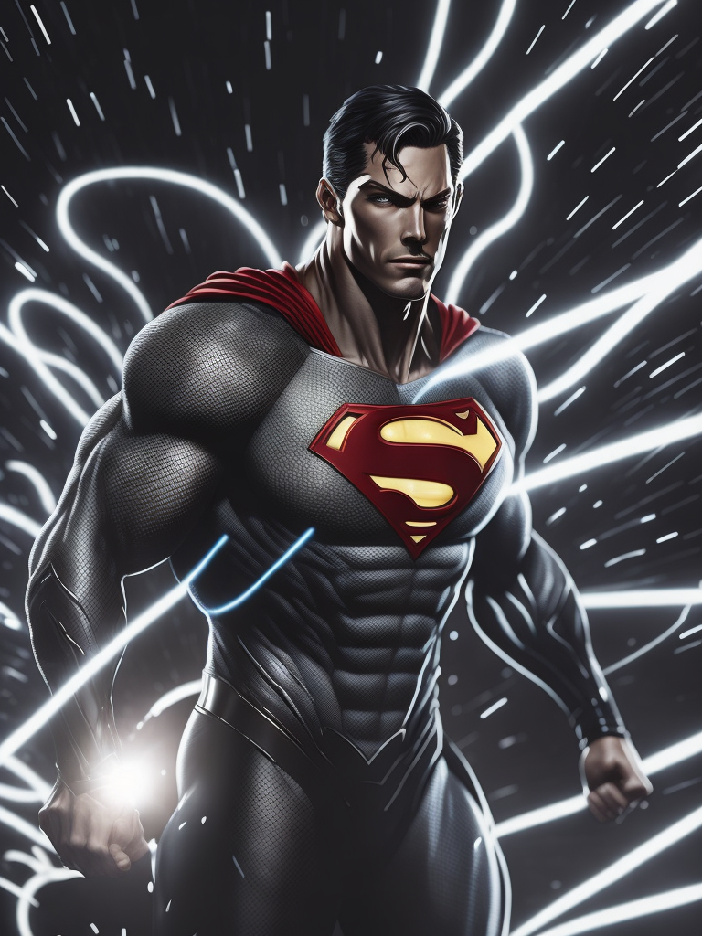 silver superman with laser from eyes shooting, precision in details, cinematic, bold, cartoonish lithographs, chrome reflections, energetic