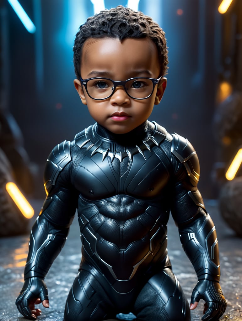 baby version of black panther marvel with black hair full body wearing clear glasses,no mask, without mask, full face,neon light photorealistic, masterpiece,full body photography, Ultra realistic, epic details, photorealistic, Cinematic, Ultra HD, Professional photography