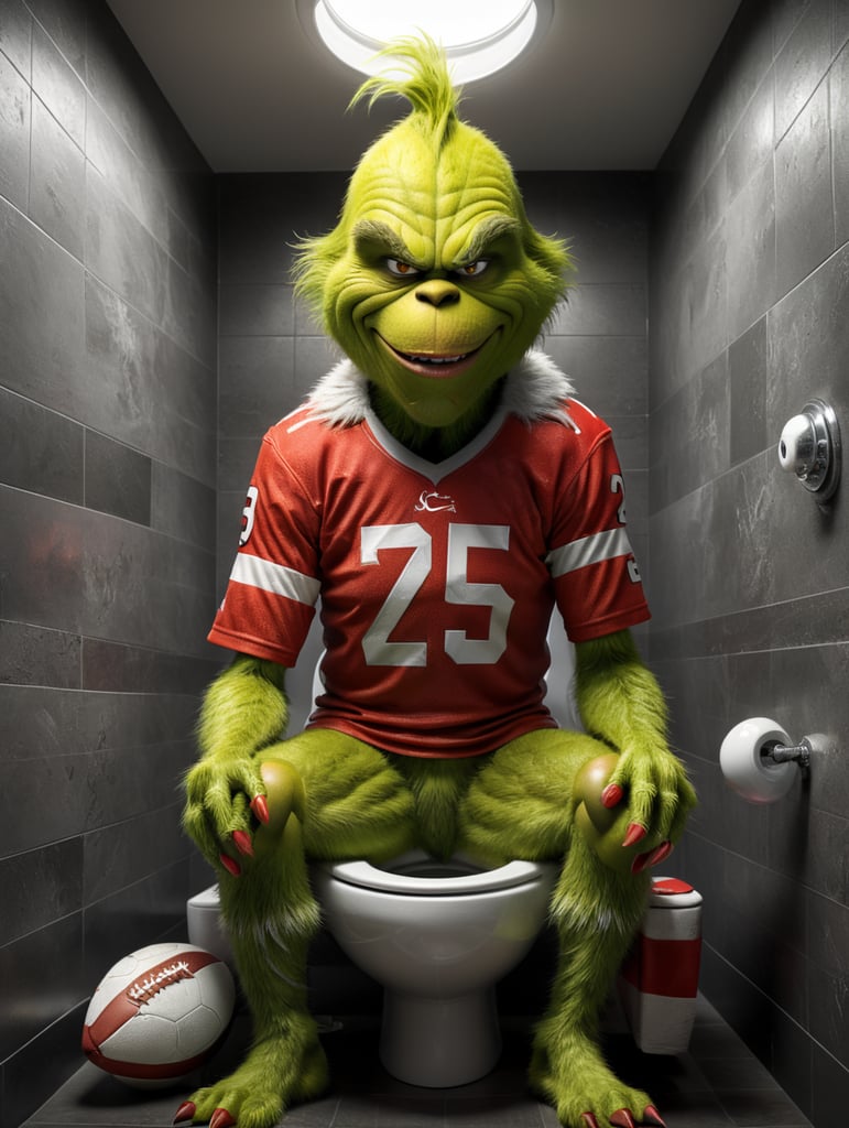 The Grinch wearing a football jersey, he has an evil grin and he is sitting on a toilet bowl in the shape of a football helmet