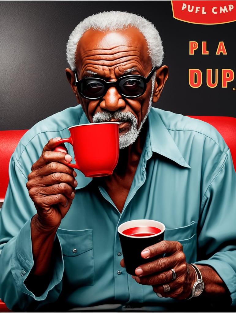 Miami black old man holding a red cup eye-catching poster-style drawing and illustration representing the iconic pulp style.