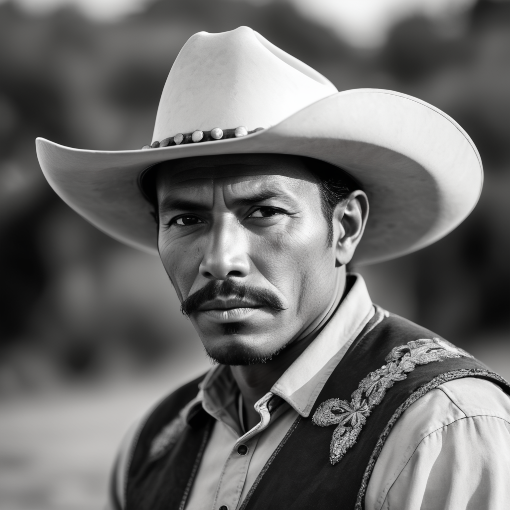 Black and white Mexican cowboy portrait