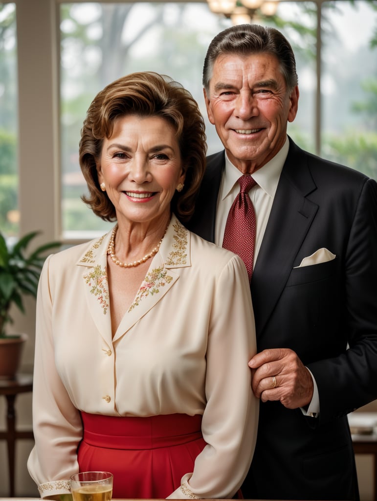 generate photo of Nancy and Ronald Regan, happy together, 80s.