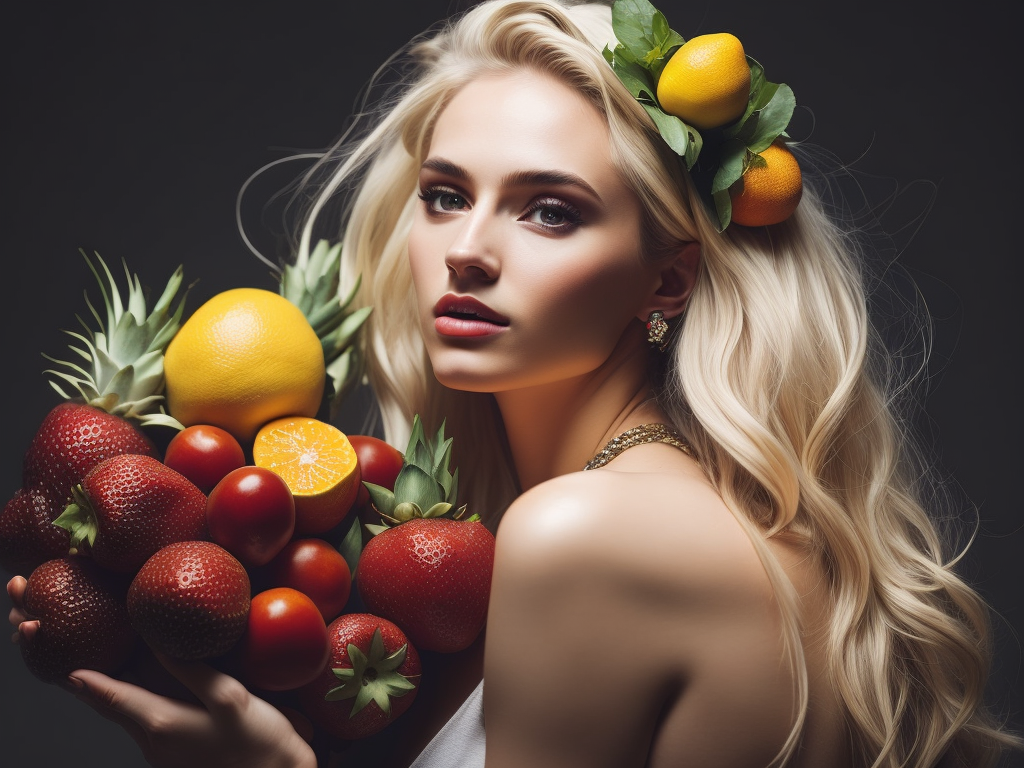 Pretty blonde girl with fruits in the hair,fashion magazine,sharp focus,highly detailed,bright and saturated colors,elegant