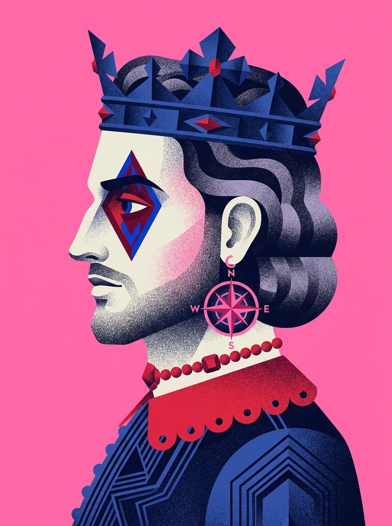 Profile portrait of a regal man facing left, solid pink background, dark blue geometric crown, red and blue diamond covering the eye, pink compass rose earring, dark wavy hair, pale skin, stippled gradient texture, red beaded choker, scalloped red collar, dark blue shirt, geometric vector illustration, surreal pop art, heavy grain