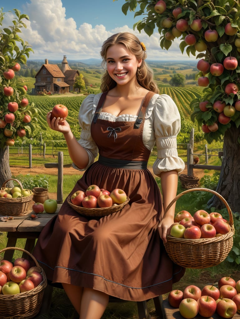A buxom, kind girl in a brown dress and apron sits and peels an apple with a smile. There are baskets of apples nearby. nearby there is a vineyard, an apple tree, two bees. nearby, a chicken pecks at the grains. There are pies and a jug on the table