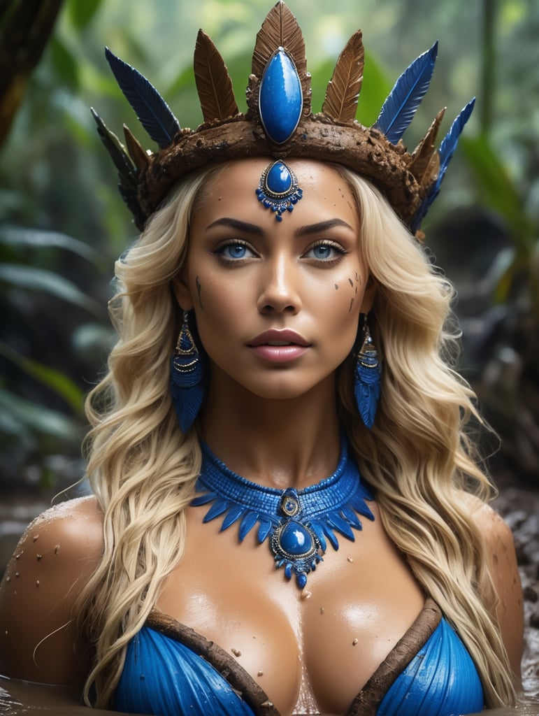 Create a 8k UHD photorealistic and cinematic high resolution and quality 8k image of a beautiful, stunning, attractive Amazonian goddess queen of Caucasian decent and skin complexion, blue piercing eyes and long blonde hair and she is bathing in the mud pit covered in mud in the jungle and its dark and the queen is wearing Amazonian jungle wear royal dress of full white royal outfit and has a golden crown with diamonds on her head. The queen has a sinister look on her face with joy and is watching over the jungle and she's extremely sexy