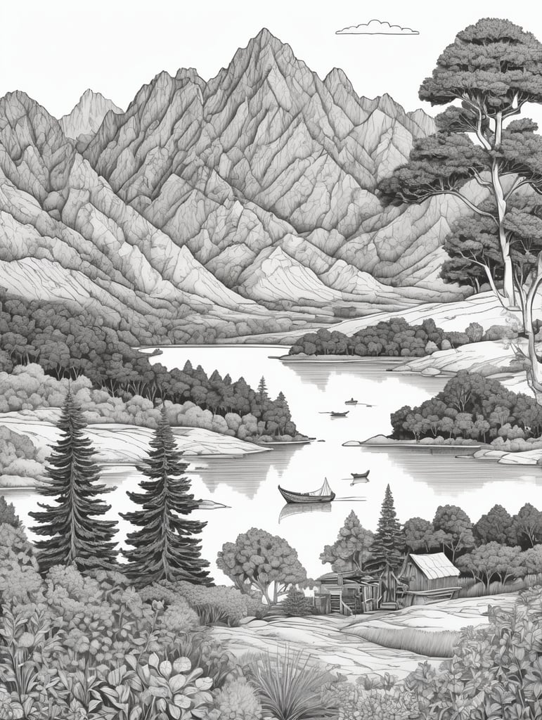 A highly detailed, realistic, black-and-white illustration of a peaceful landscape, designed for an adult coloring book. Rendered in clean, light outlines and fine patterns, leaving ample space for coloring. The entire image emphasizes sharp contrast, detailed linework, and minimal shading to create a dynamic yet colorable design.