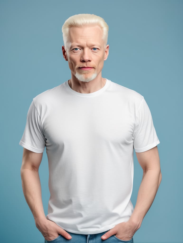 A middle-aged albino man wearing a white T-shirt, isolated, blue background, mockup, mock up
