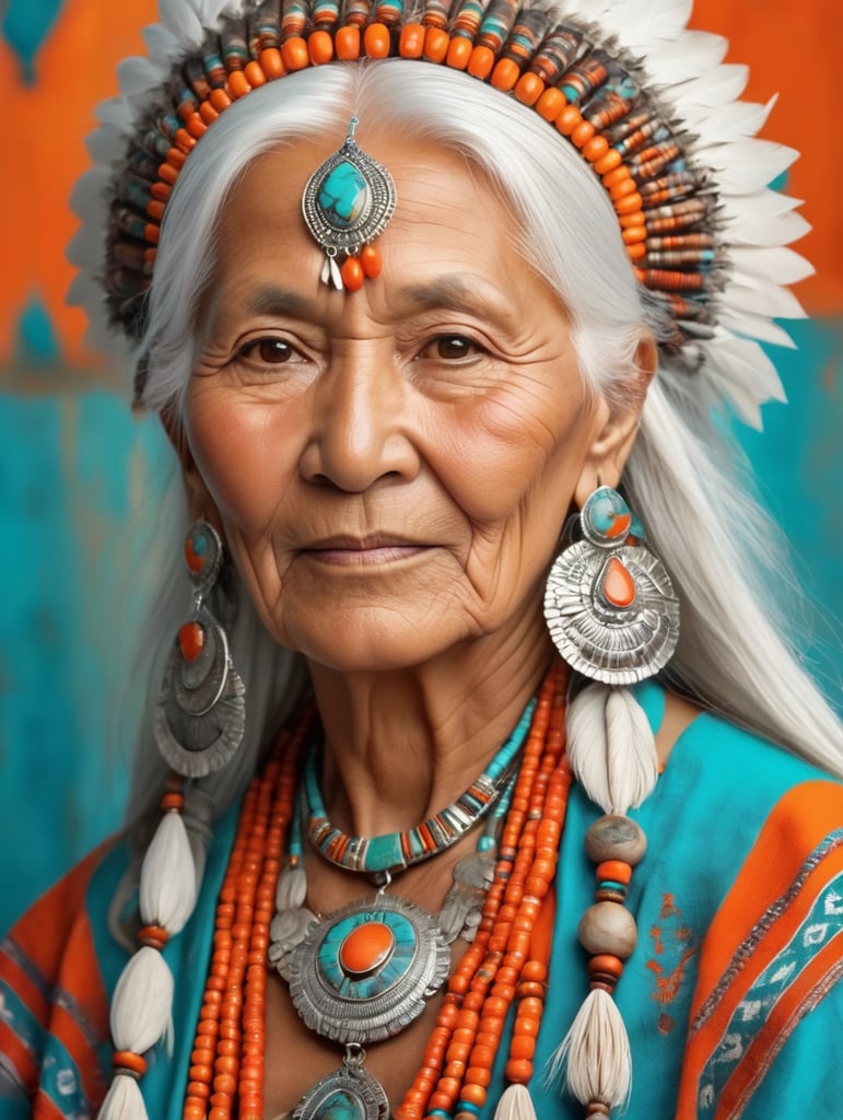 native american old woman is dressed in national clothes and jewelry, white hair, orange and turquoise colors, bright colors, high detail of the image,