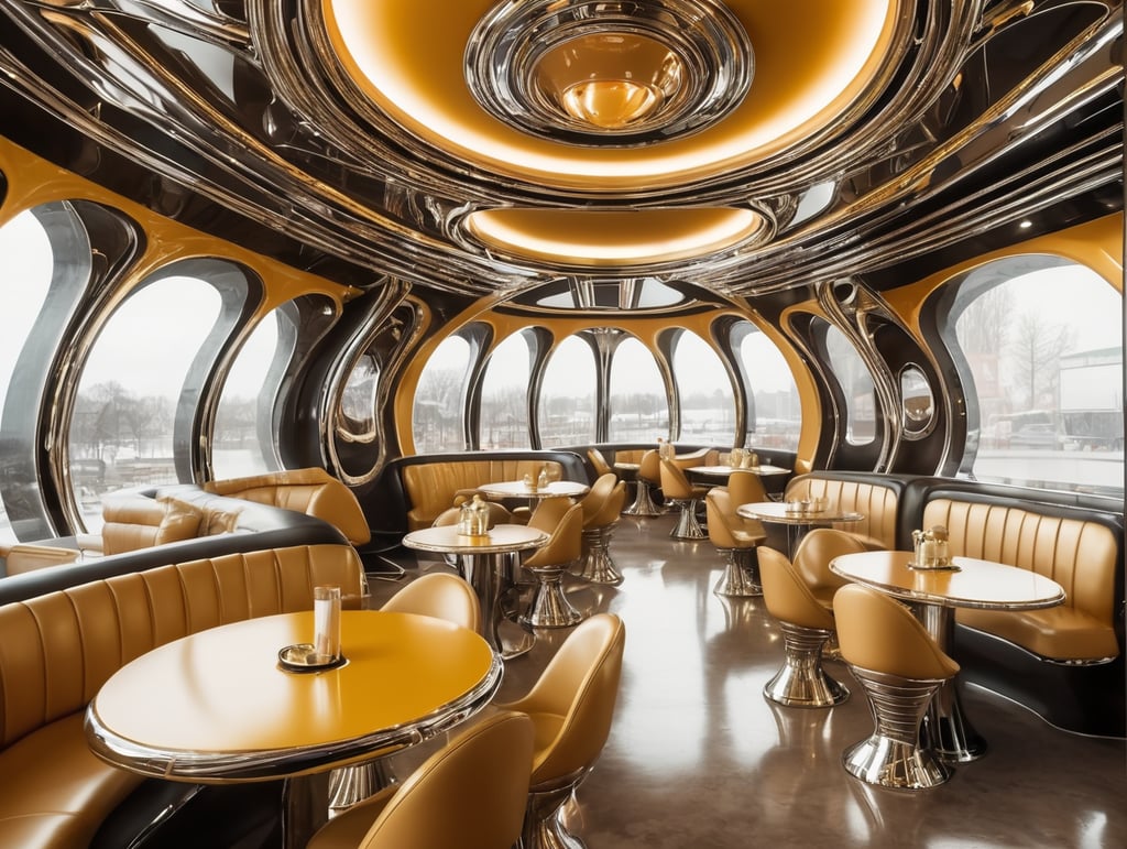 Futuristic interior of UFO cafe. Alien interior, chrome and gold tones