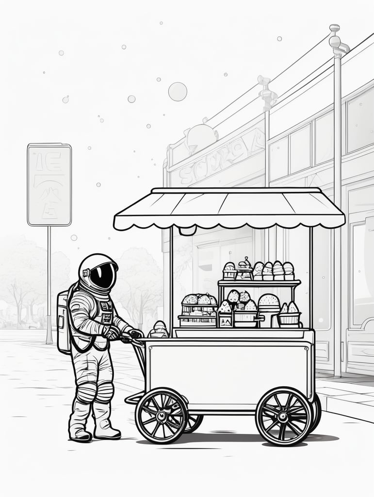 an astronaut pushing a small ice-cream cart, in the style of simple line art vector comic art on white background
