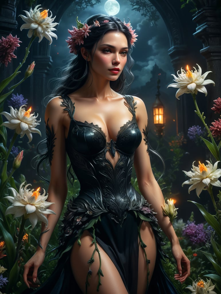 Woman in dark night, flowers and tuberose fairy”.