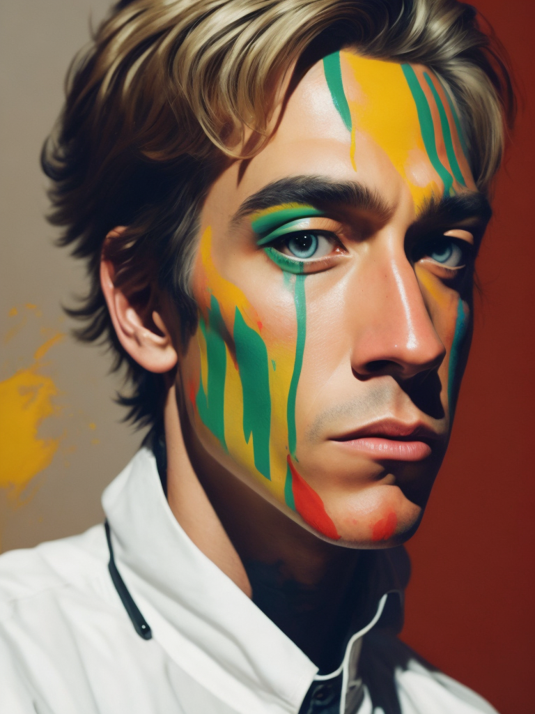 a close up of a person with paint on their face, tumblr, hyperrealism, stickers, cigarettes, twink, druillet colorful